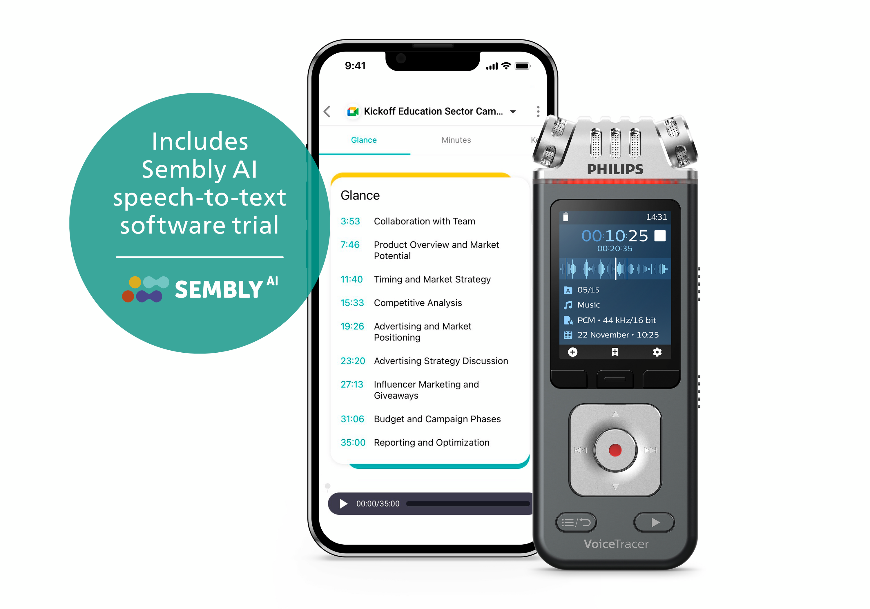 Philips DVT6115 Digital Voice Tracer with Sembly AI Voucher
